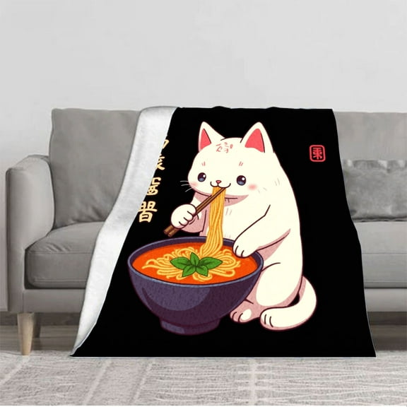 Durable Soft & Warm Flannel Blanket - Cozy Cat Design with Playful Noodles & Chopsticks Perfect for Sofa Travel Bed & Chair
