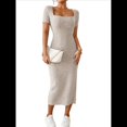 thumbnail image 3 of Vestido de Verano 2025 para Mujer, Ajustado, de Corta, Acanalado, con Abertura Lateral, de Punto y Cuello Cuadrado Caqui L, 3 of 8