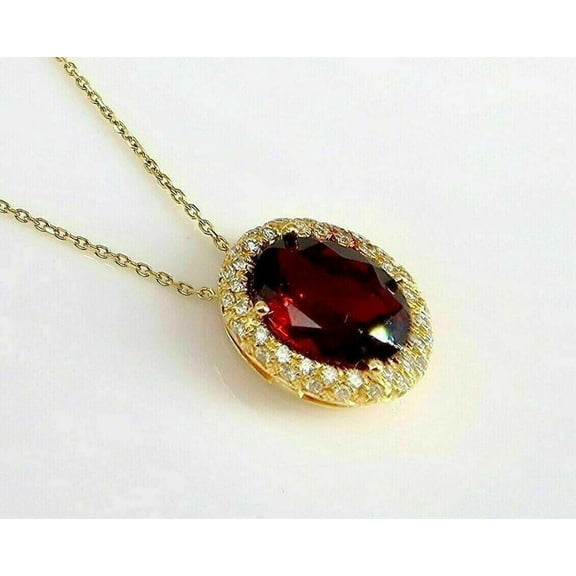 Sparkle Jewels Oval Cut Red Garnet Halo Women's Pendant Necklace 14k Yellow Gold Plated Silver