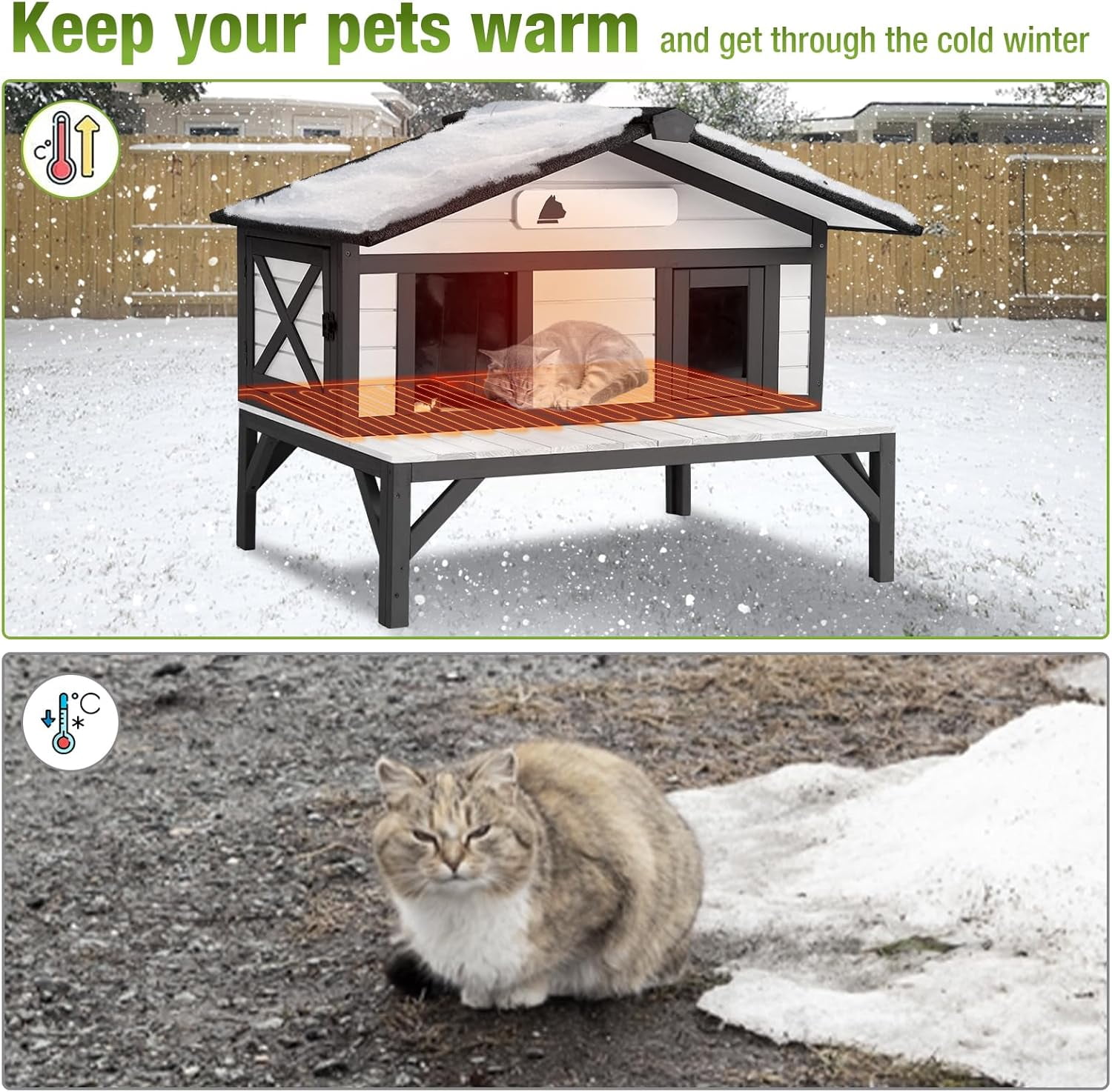 MEDEHOO Heated Outdoor Cat House Weatherproof Large Cat Shelter with 100% Insulated Liner for Multiple Cats, Cat Houses for Indoor Cats（Black）