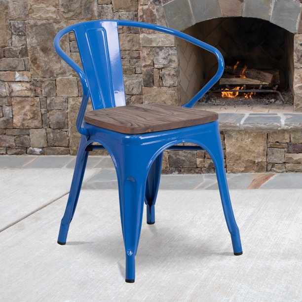 Flash Furniture Blue Metal Chair with Wood Seat and Arms