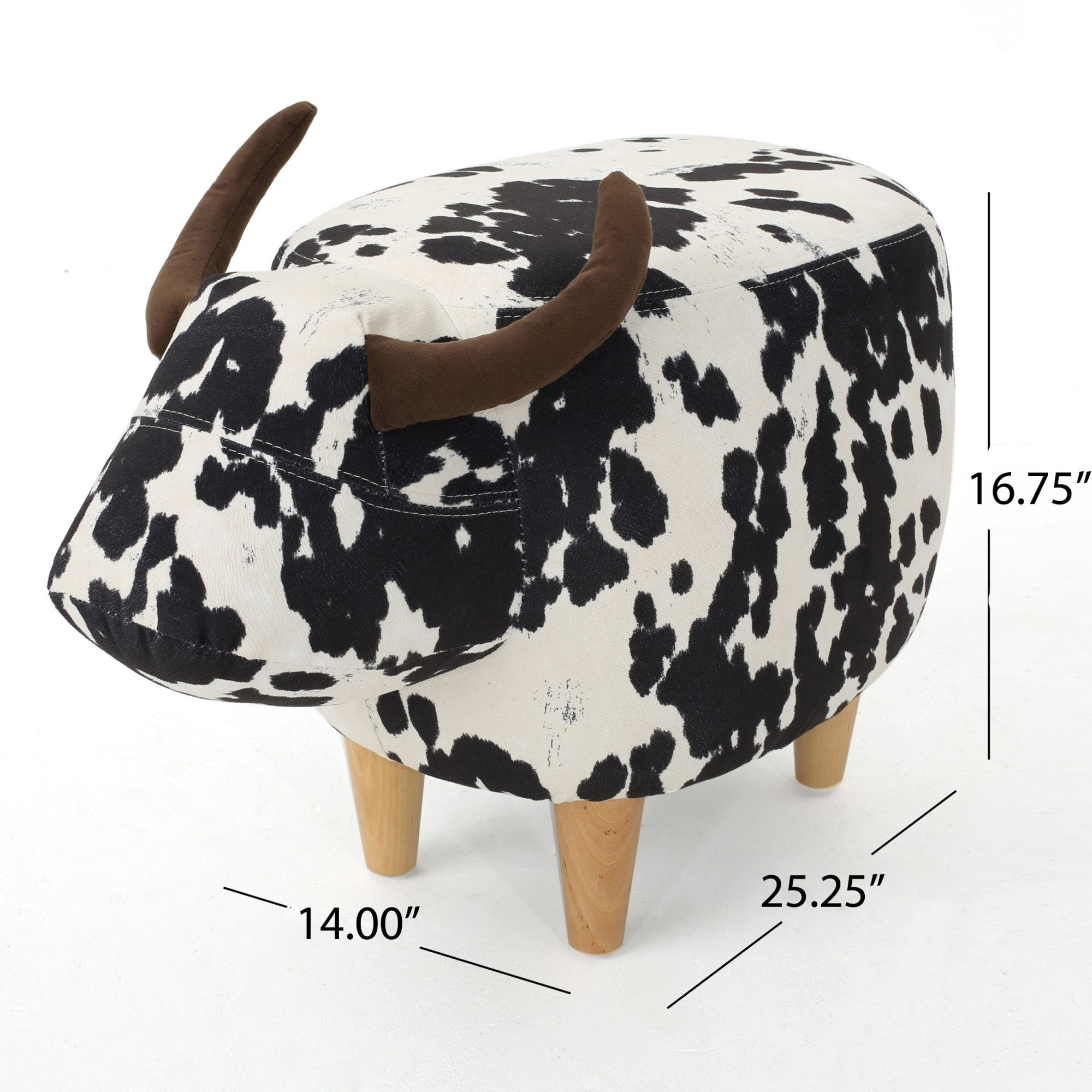Cow-Shaped Ottoman with Velvet Horns and Birch Legs, Black and White Animal Footstool for Living Room and Bedroom