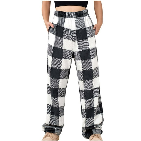 Busydd Womens Pants Winter Cozy Flannel Plaid Pants Casual Warm Elastic Waist Pajama Pants Fashion Loose Fleece Trousers Sleepwear with Pockets
