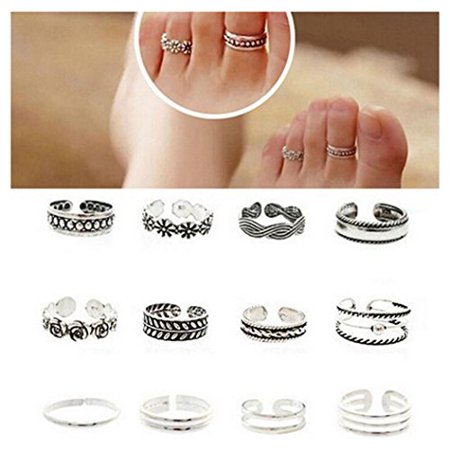 - 12pcs Fashion Simple Sliver Carved Flower Toe Ring Open Rings Set Ladies Jewelry