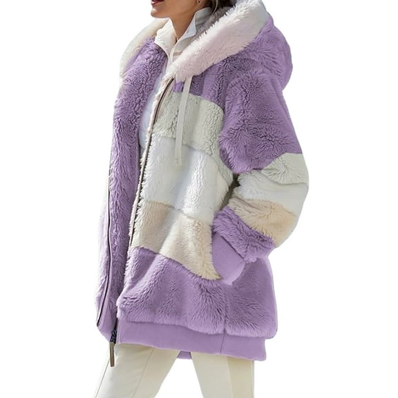 comerut Women Winter Coat Color Block Long Sleeves Zipper Cardigan Loose Furry Warm Plush Plus Size Lady Jacket Winter Clothes
