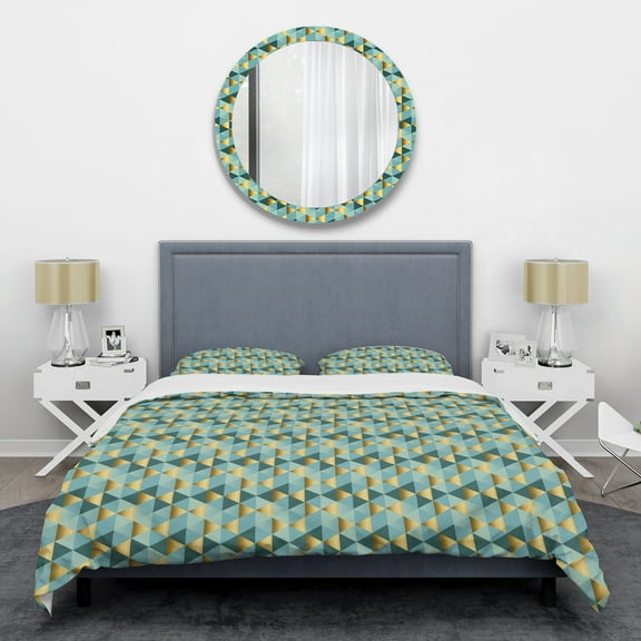 Designart 'Gold and Blue Dynamics V' Mid-Century Modern Duvet Cover Set