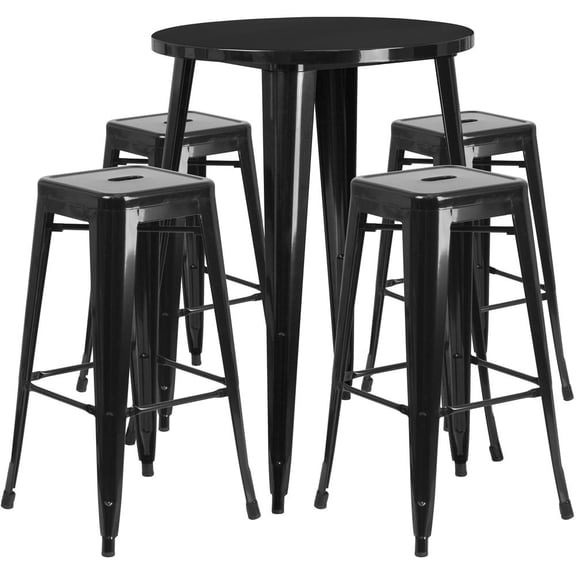 30'' Round Black Metal Indoor-Outdoor Bar Table Set with 4 Square Seat Backless Stools