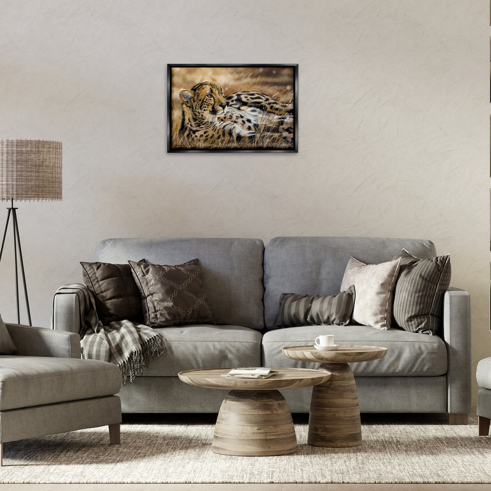 Stupell Industries Relaxing Leopard Scenery Animals & Insects Painting Black Floater Framed Canvas Art Print Wall Art, 25 x 17