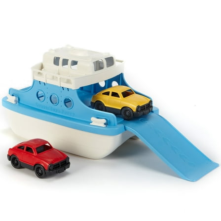 Green Toys: Ferry Boat - Blue & White - Floating Toy Vehicle & 2 Mini Cars, Water & Bathtub Play, Loading Ramp, In/Outdoor, Recycled Material, Kids 3 