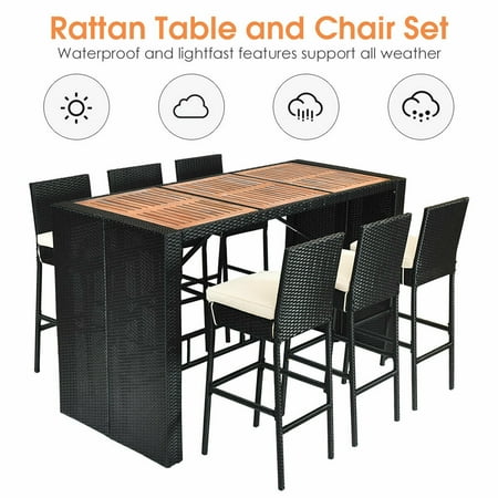 Costway 7 Pcs Patio Rattan Wicker Bar Dining Furniture Set Wood Table Top 6 Stools Canada Costway 7 Pcs Patio Rattan Wicker Bar, Outdoor Bar Table Set Canada