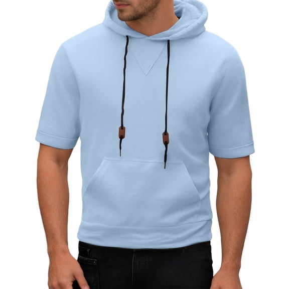 Curuila Mens T Shirt Hooded Short Sleeve Solid Color Summer Breathable Soft Lightweight Tops With Pocket Blue Size L