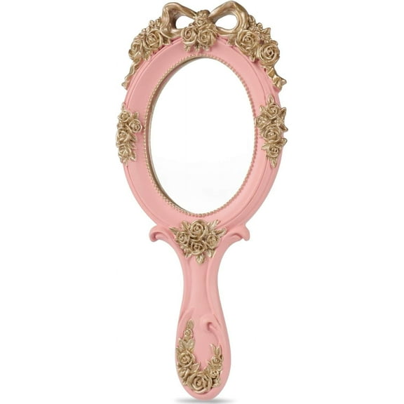 Makeup Hand Mirror Vintage Travel Hand Held Mirror, Blue Rose Cosmetic Mirror With Handle For Girls Resin Material Round Handheld Mirror - Pink