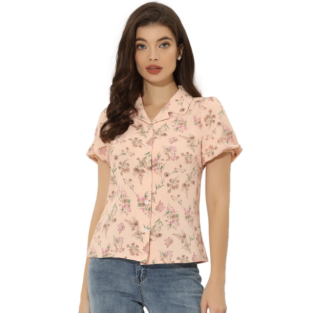 Camisa Floral De Manga Corta Con Cuello Y Solapa Con Muescas Para Mujer Rosa XS