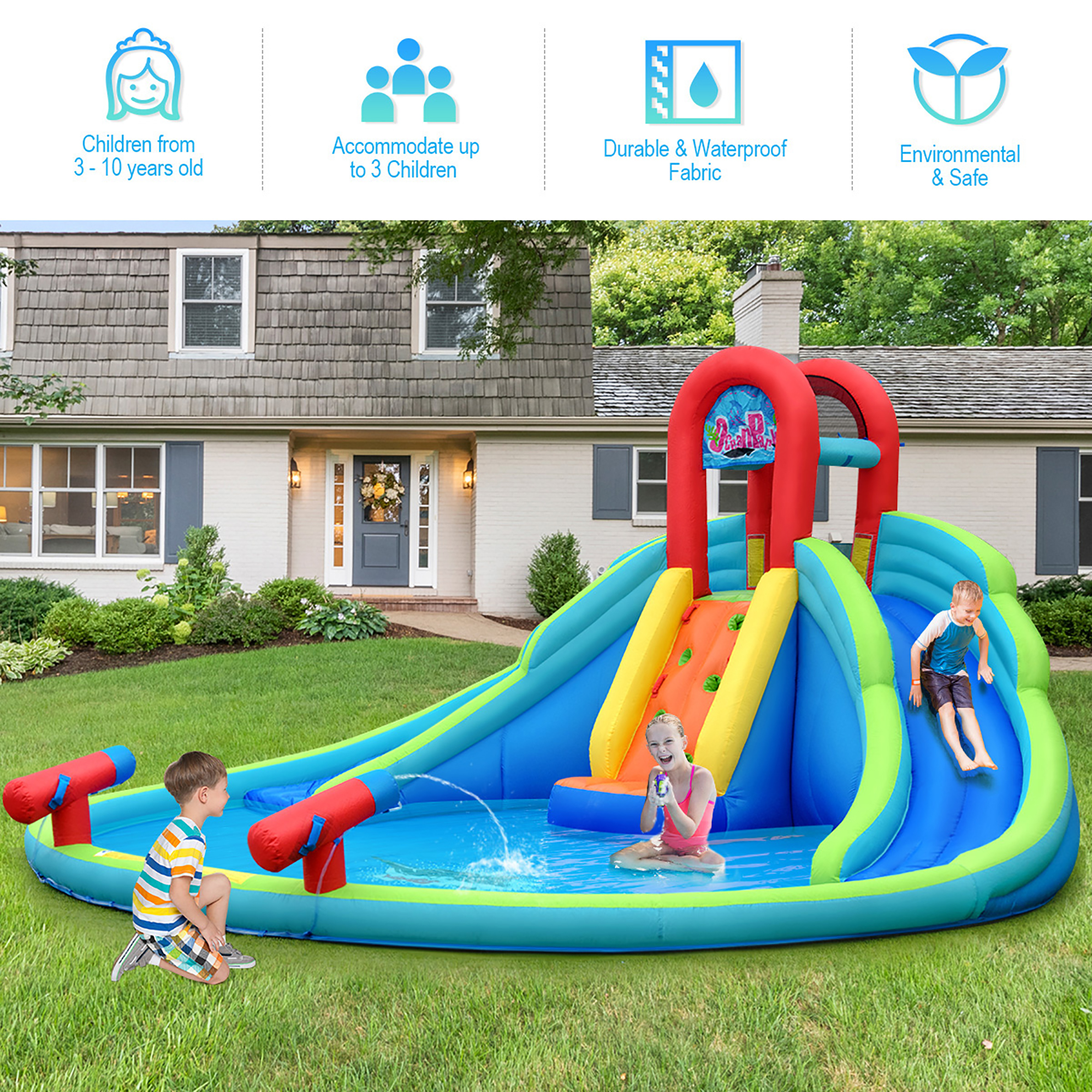 Costway Inflatable Bounce House Kids Water Splash Pool Dual Slides Climbing Wall without Blower - image 5 of 10