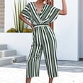 thumbnail image 5 of Gaecuw One Piece Jumpsuits for Women Summer Short Sleeve Overall V Neck Band Collar Striped Onesie One Piece Outfits Casual Baggy Long Pants Wide Leg Romper Pull On Calf Length Trousers Resort Wear, 5 of 8