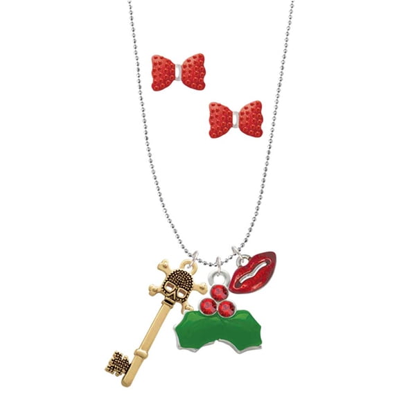 Delight Jewelry Goldtone Antiqued Beaded Skull Key Christmas Kiss Charm Necklace and Stud Earrings