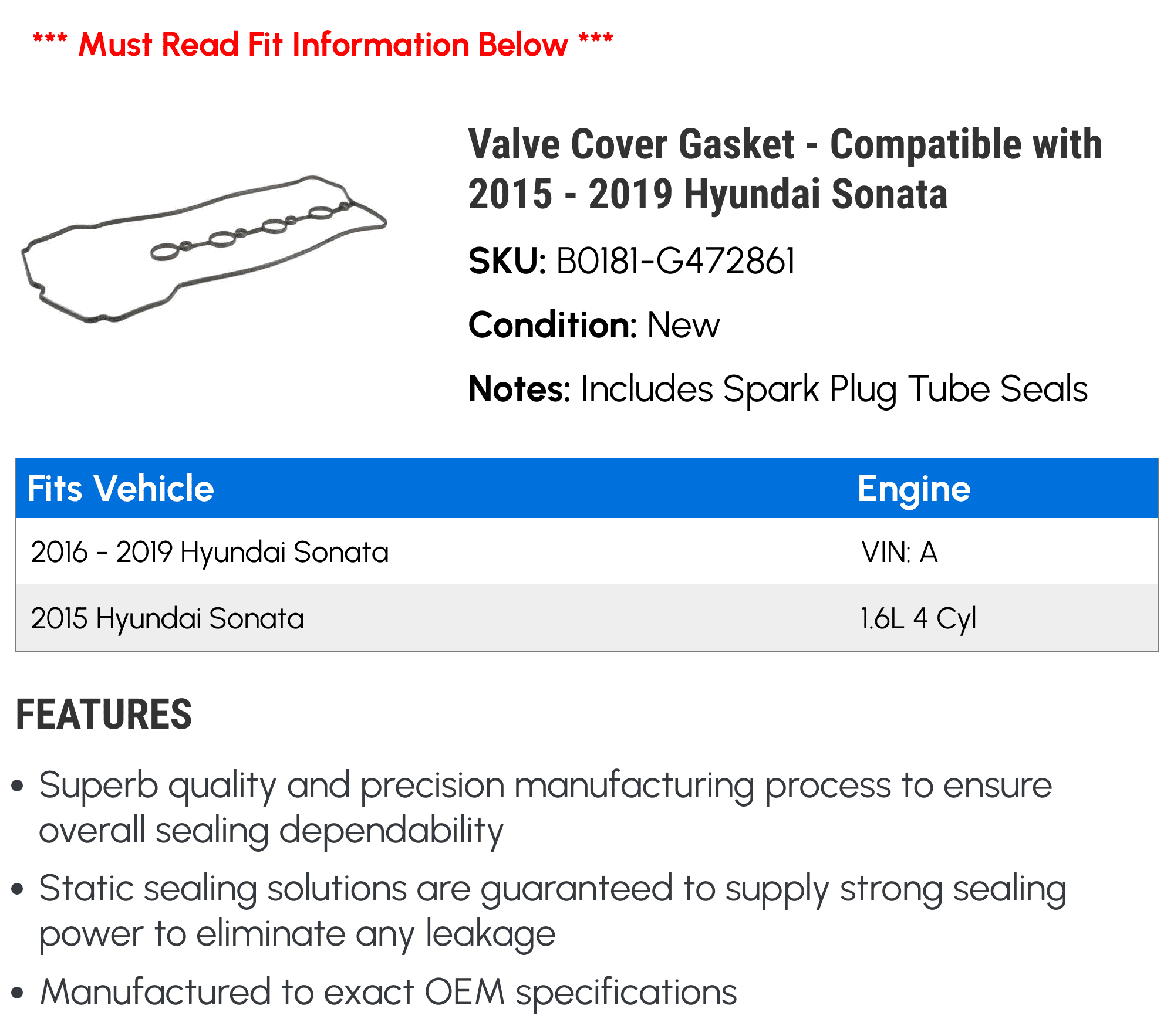 Valve Cover Gasket - Compatible with 2015 - 2019 Hyundai Sonata 2016 2017 2018
