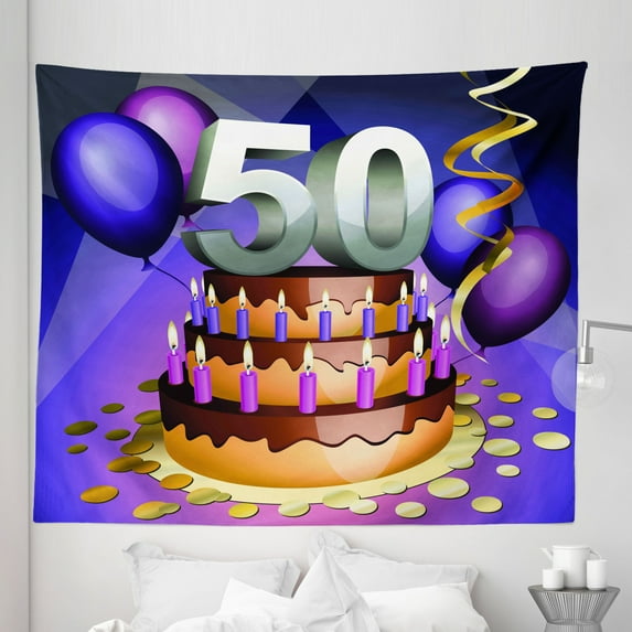 50th Birthday Tapestry, Big Creamy Cake with Many Candles and Numbers Balloons Ribbons Art Print, Fabric Wall Hanging Decor for Bedroom Living Room Dorm, 5 Sizes, Multicolor, by Ambesonne