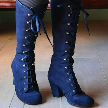 

Womail Boots for Women Women s Autumn High Boots Casual Retro Round Toe Mid Thick Block Chunky Heel Boots Plus Size Mid Calf Lace up Boots Gothic Combat Shoes