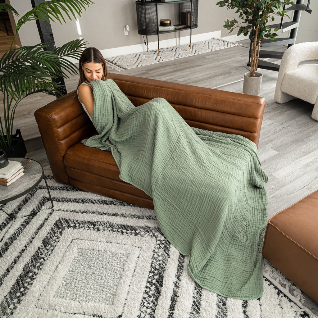 Comfy Cubs Muslin Blanket, Large Size 50” x 60”, 6 Layer Cooling Cotton Softness (Sage, Throw)