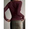thumbnail image 4 of Women'S Long Sleeve Henley T Shirts Button Ribbed Knit Slim Fit Basic Tops Blouse Casual Outfits Wine Red XXL, 4 of 5