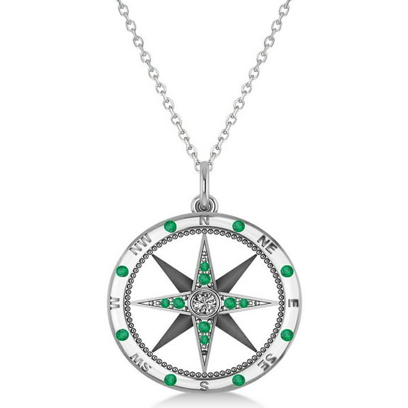 Compass Pendant Emerald and Diamond Accented 14k White Gold (0.19ct)