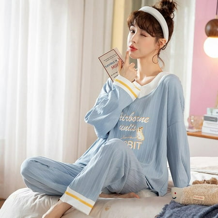 

QWZNDZGR Spring Big 5XL Knited Cotton Cartoon Girls Pajama Sets Women Pyjamas Plaid Sleepwear Pijama Mujer Homewear Clothing Nightwear