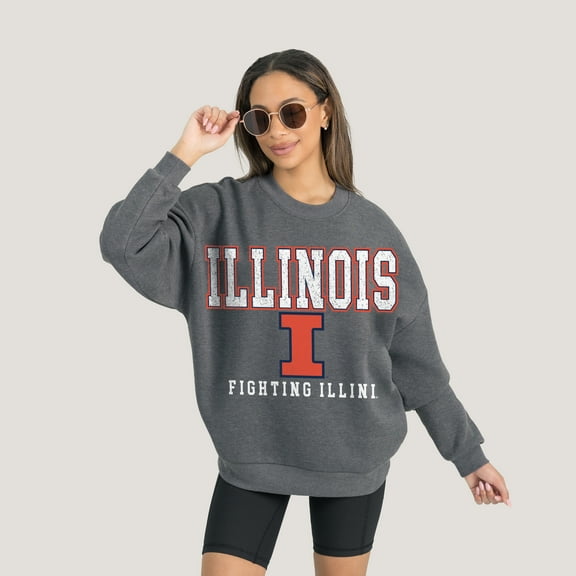 Women's Gameday Couture  Heather Charcoal Illinois Fighting Illini Oversized Distressed Fleece Pullover Sweatshirt
