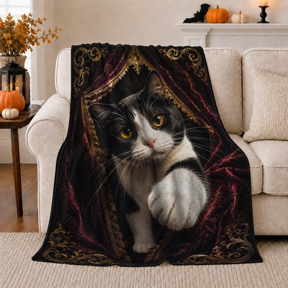 Elegant Tuxedo Cat Portrait, Mystical Pet Portrait Pattern, Warm Flannel Blanket for Living Room and Bedroom with Detailed Artwork, Cat Lovers autumn celebration Gift, Pet Lover Home Decor