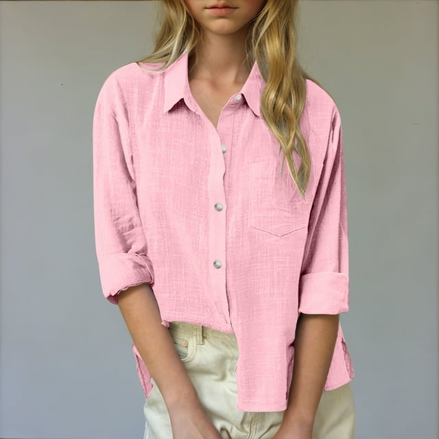 MKOSPLRT Button Down Shirts for Girl Long Sleeve Lapel Collar T Shirts Cotton Line Casual Tops Basic Solid Color Blouses with Pocket