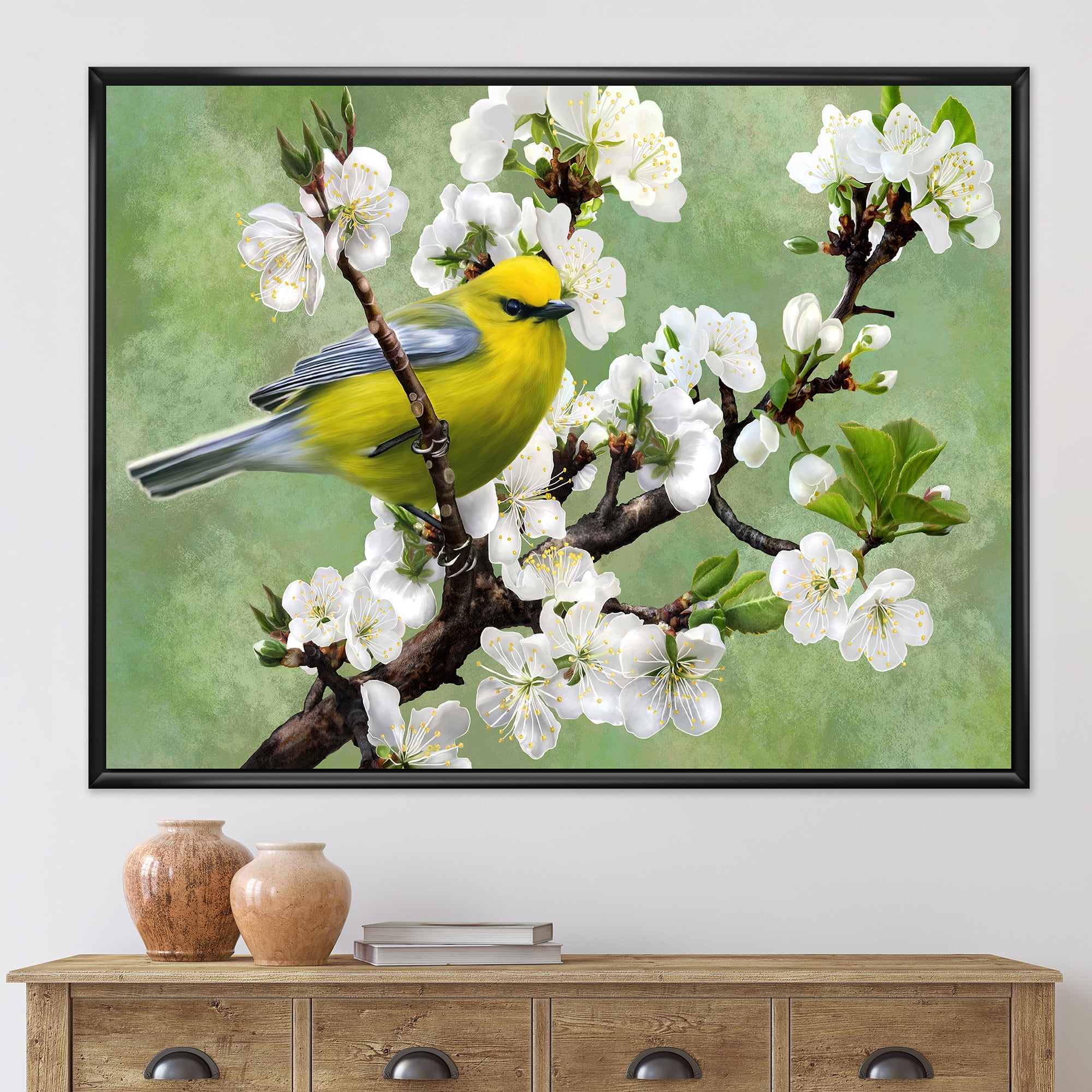 Designart 'Bird Sitting On A Branch of Cherry' Traditional Framed Canvas Wall Art Print