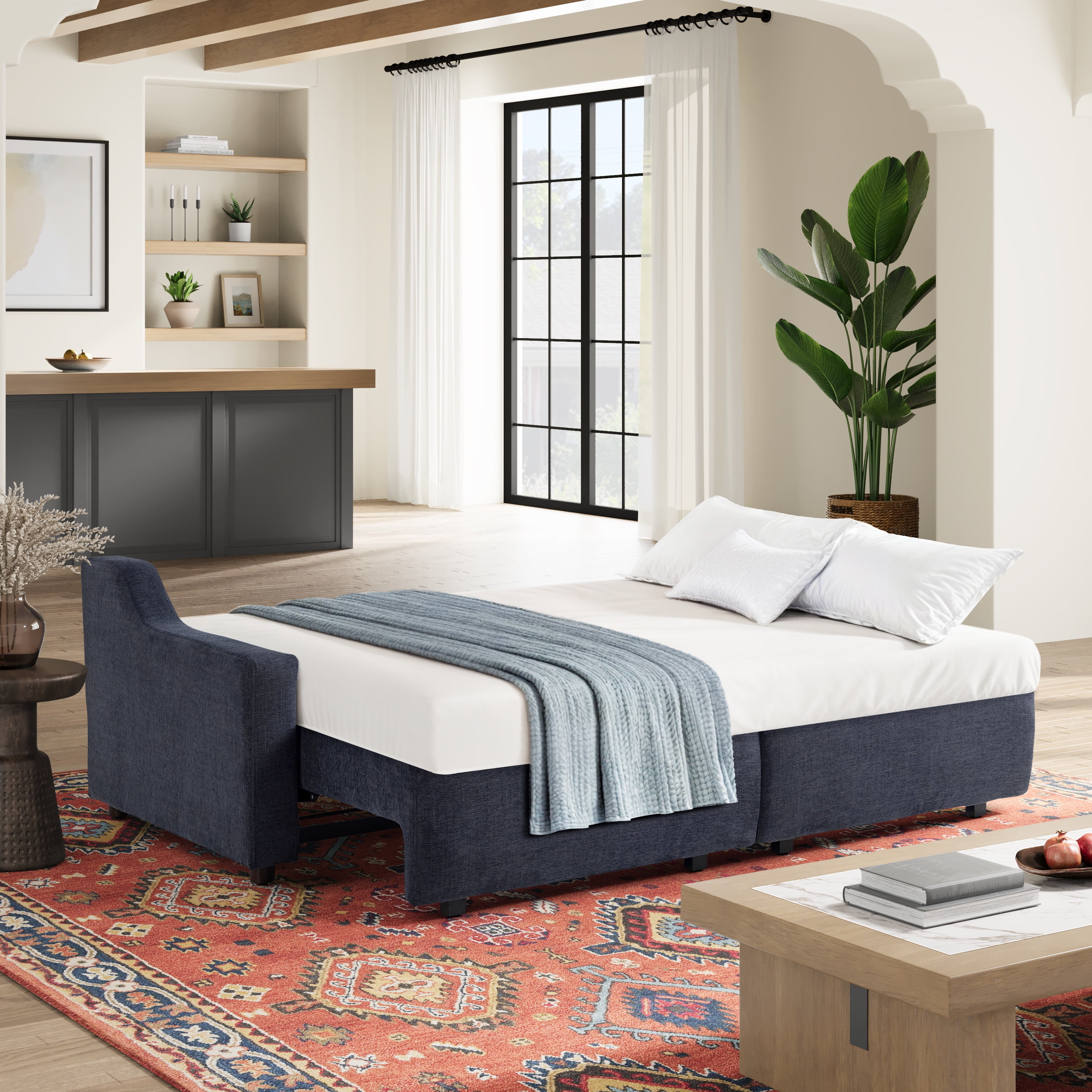 Serta Giles Modern Style Convertible Sofa, Navy Blue Chenille Fabric