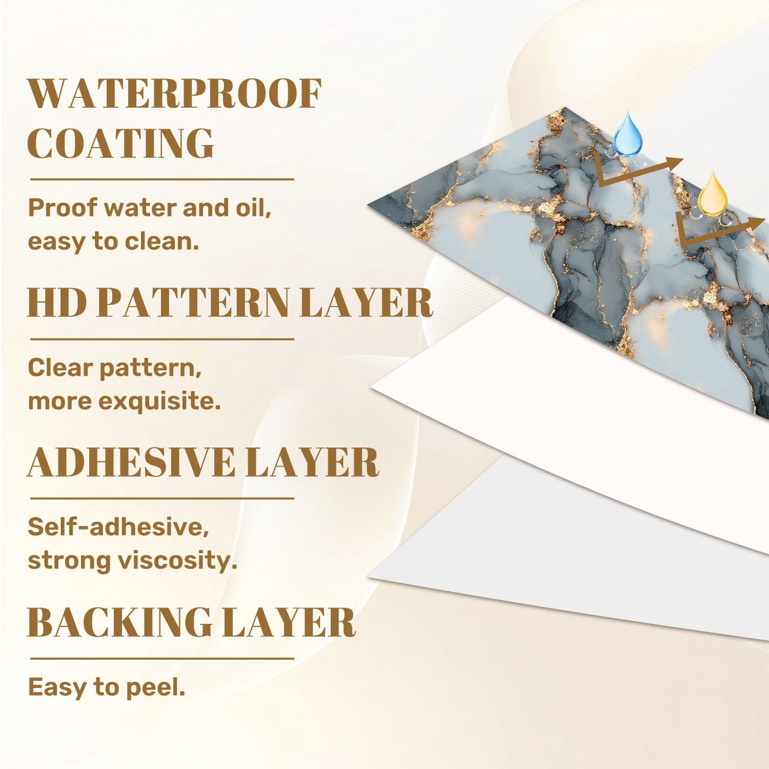 Peel and Stick Wallpaper Elegant Blue Gold Marble Abstract Art Fluid Patterns Wall Mural 23.6in x 9.8ft Self Adhesive Removable Wall Paper Renter Friendly Wallpaper for Nursery Bedroom Cabinets