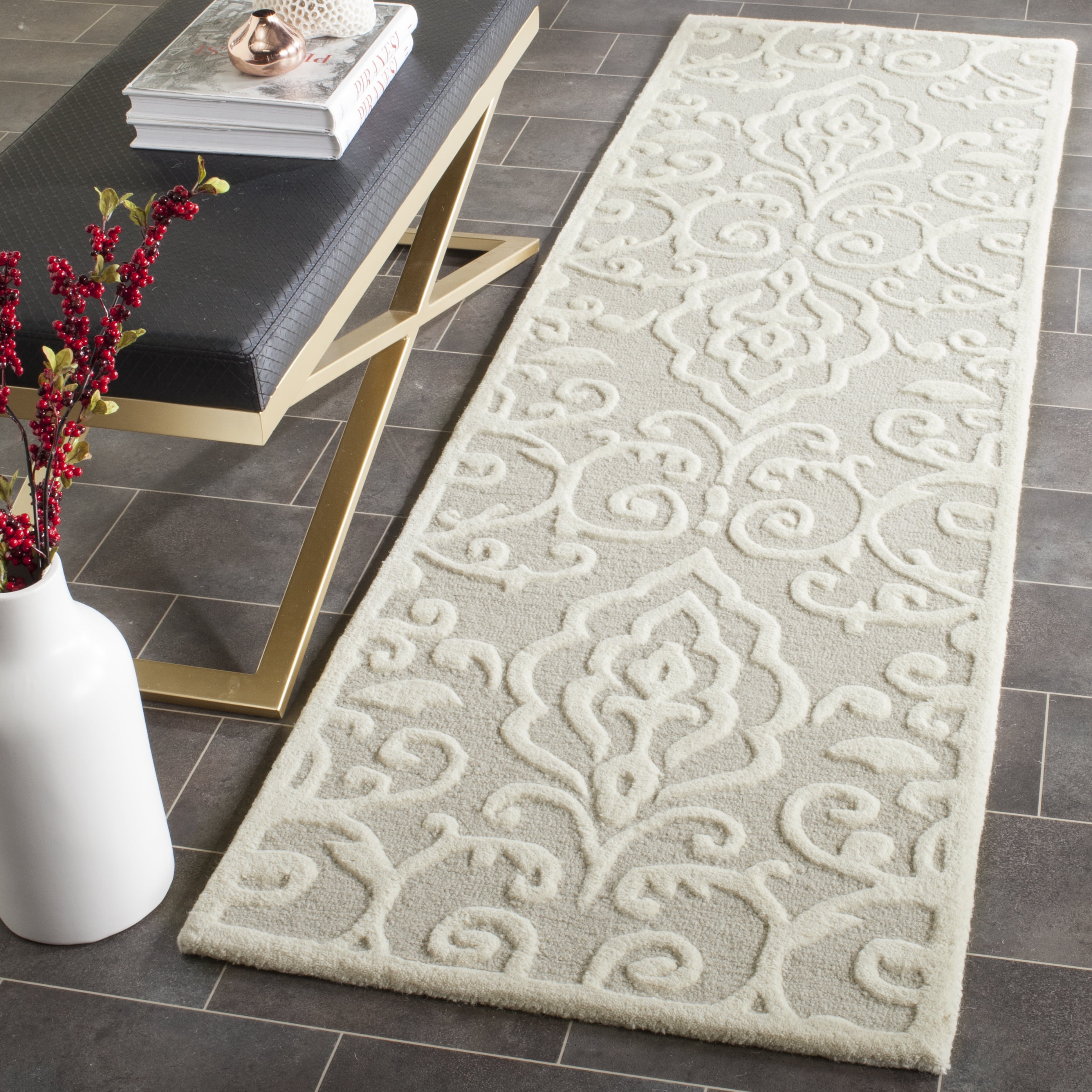 SAFAVIEH Martha Stewart Marais Geometric Damask Runner Rug, Whetstone Grey, 2'3" x 10'