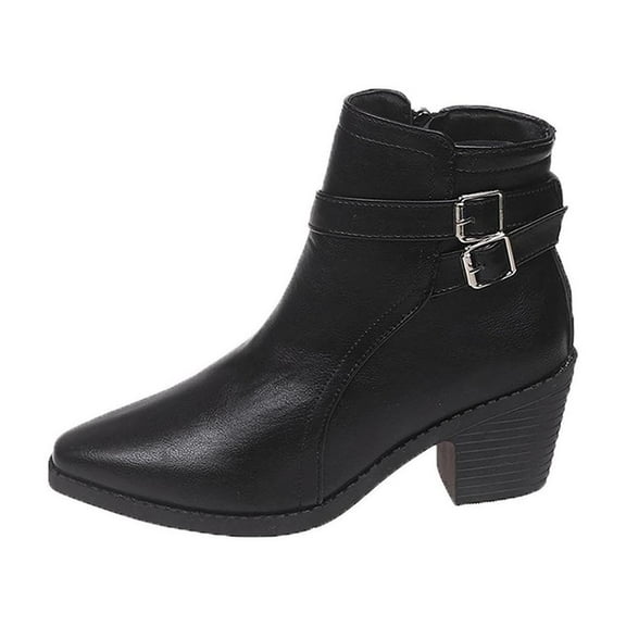 Black Women Pointed Toe Ankle Boots Side Zipper Chunky Heel Belt Buckle For Winter Wear