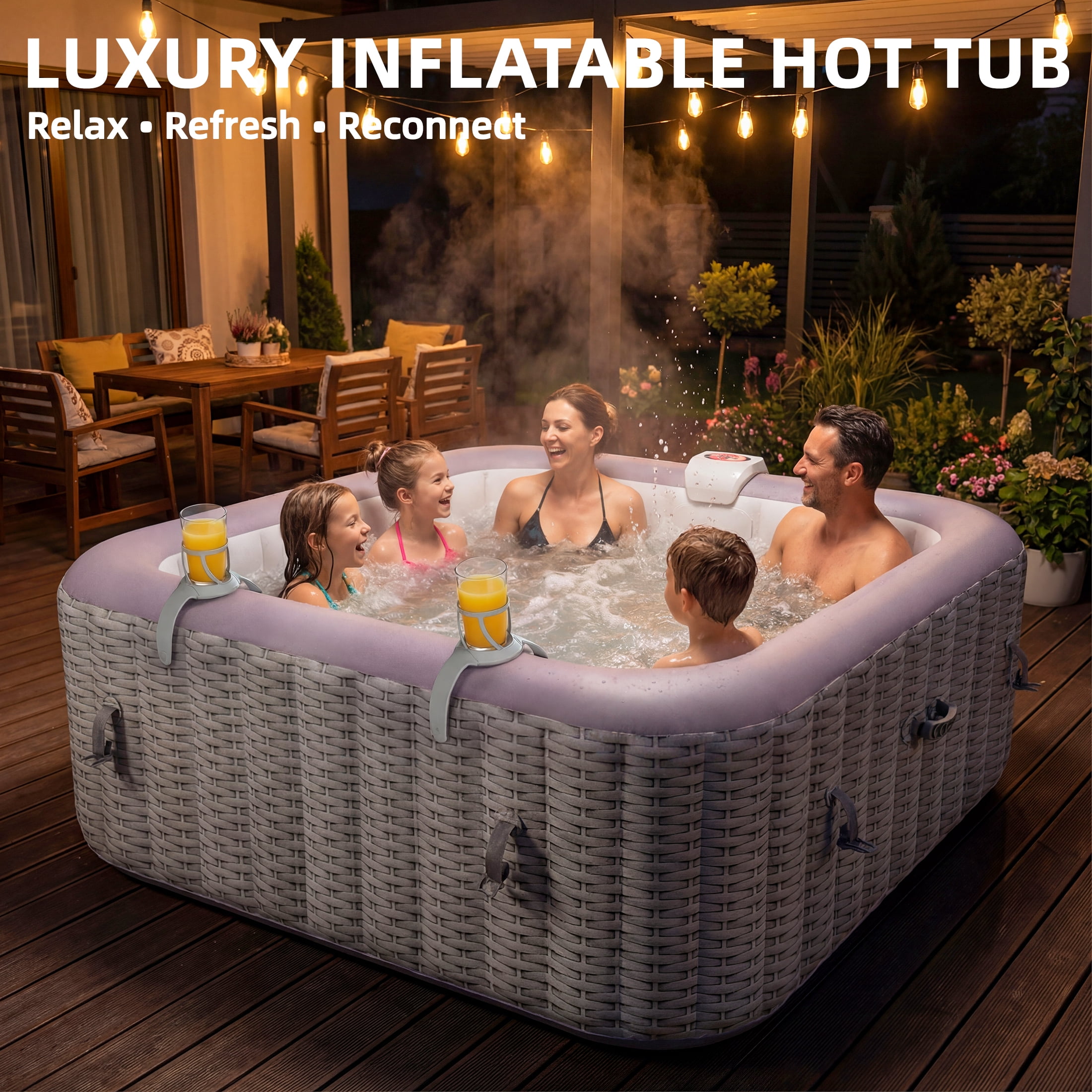 Seizeen 4-6 Persons Inflatable Hot Tub, 73in Square Hot Tub with Built-in Pump, Woven Pattern Home Spa with 130pcs Jets, Lockable Cover, 2 Cup Holders, 4 Filters Rapid Heating up to 104°F
