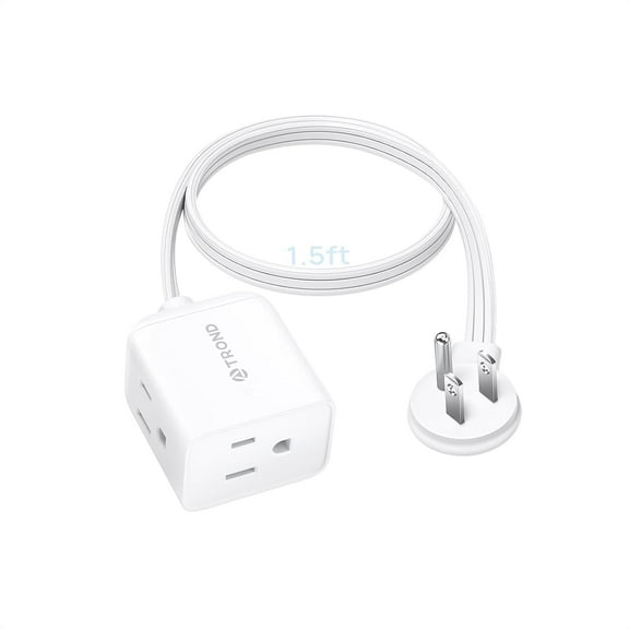 TROND Short Flat Extension Cord 3ft - Right Angled Flat Plug Power Strip, 3 Grounded Plug Extension Outlets, Three Prong, 16 Gauge Wire, 13A, Small for Indoor Home Office Cruise Ship Travel, White