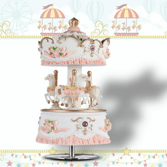 Muslady Laxury Windup carrousel 3-cheval boîte à musique Artware/cadeaux mélodie château à l'ombre de rose/violet/bleu/or du ciel pour l'Option