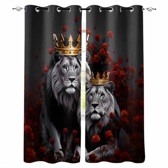 Lions Couples Blackout Curtains for Bedroom/Living Room, Thermal Insulated Kitchen Curtains, Valentine's Day Red Roses Crown Animal Grommet Darkening Window Treatment Drapes 52"x72"x2