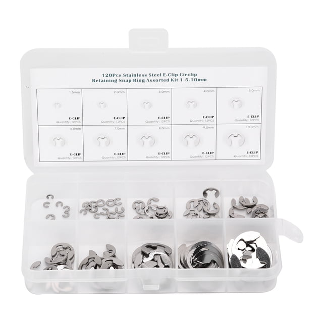 120Pcs E Rondelle de Clip Anneau de Retenue Externe en Acier Inoxydable Circlip Assortiment Kit 1.5mm 10mm