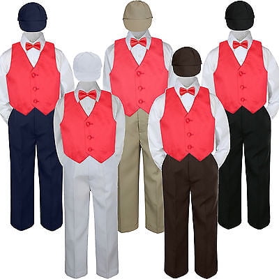 5pc Boy Suit Set Red Rudy Vest Bow Tie Baby Toddler Kid Formal Hat Pants S-7