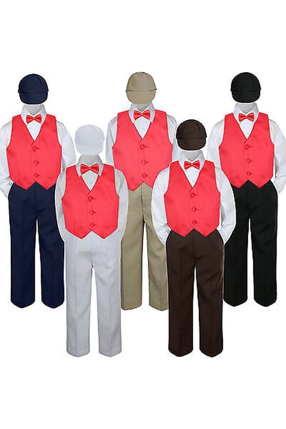 5pc Boy Suit Set Red Rudy Vest Bow Tie Baby Toddler Kid Formal Hat Pants S-7