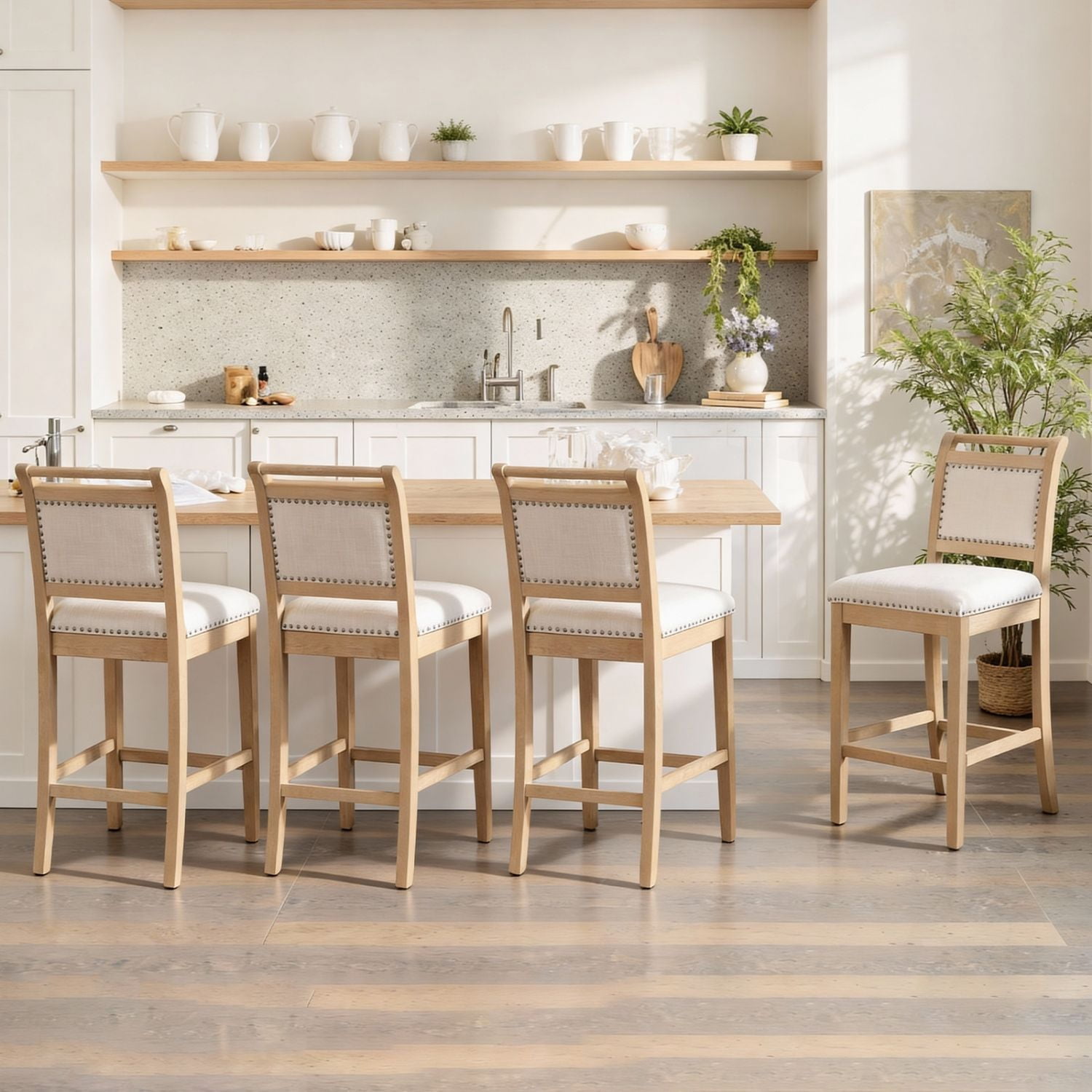 Dayalane 26" Farmhouse Counter Height Bar Stools Set of 4, Rustic French Wooden Barstools with Linen Fabric Upholstered , Top Rail Nailhead Breakfast Bar Stool for Bar Kitchen Island Bistro, Ivory