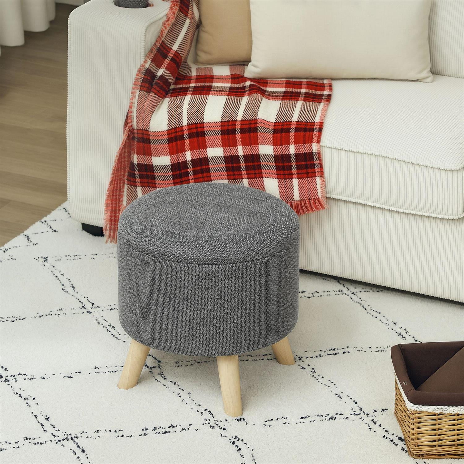 Demi Bonn 15" Round Ottoman Stool with Storage, Linen Upholstered Foot Stool with Padded Seat, Hidden Space and Wood Legs for Living Room, Bedroom, Gray