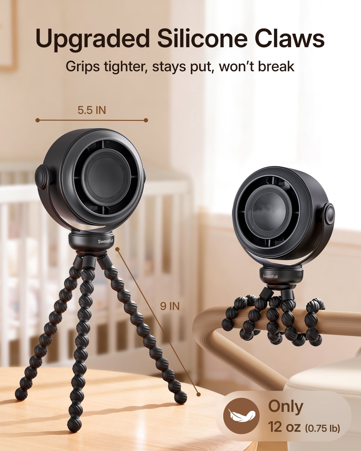 SWEETFULL Portable Stroller Fan, Pinch-Proof Baby Fan, 10H Battery, 5-Speed Quiet Mini Clip on Fan, USB-C Rechargeable with LED Display for Car Seat, Crib & Travel – Black