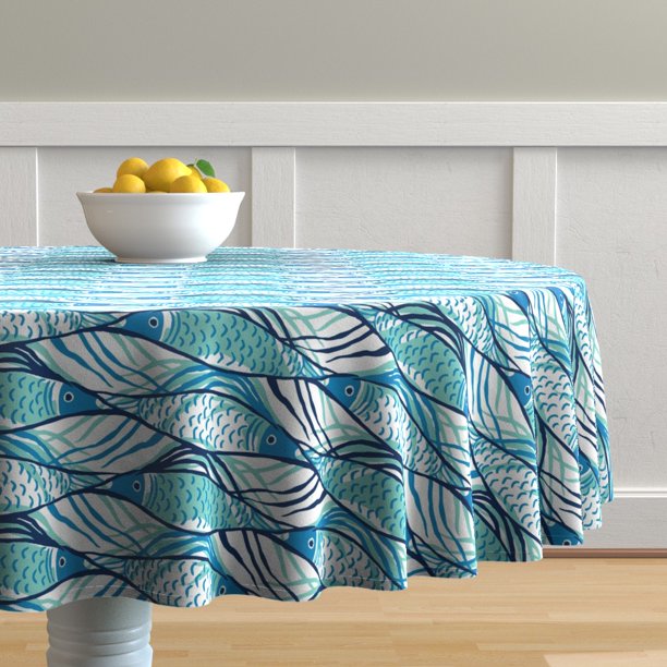 Round Tablecloth Nautical Beach House Coastal Summer Modern Ogee Cotton
