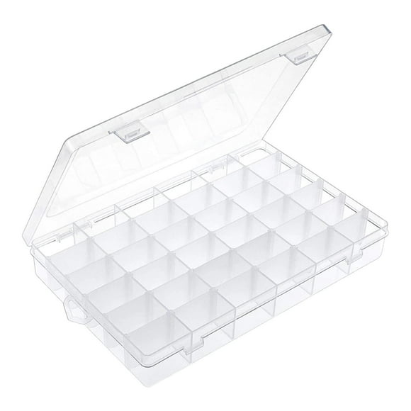Caja organizadora transparente con 36 compartimentos ajustables para guardar hilos, botones, tornillos, manualidades y mucho más.