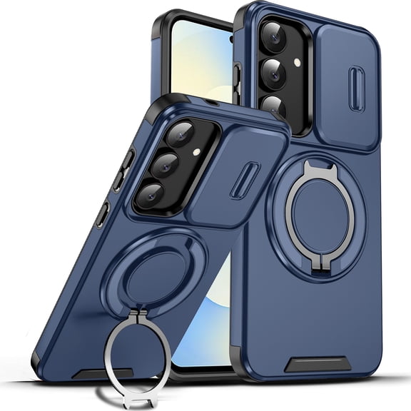 Dteck Magnetic Case for Samsung Galaxy S25 FE ,Shockproof PC TPU Case with Ring Grip Holder Kickstand Slide Lens Cover for Galaxy S25 FE,Blue