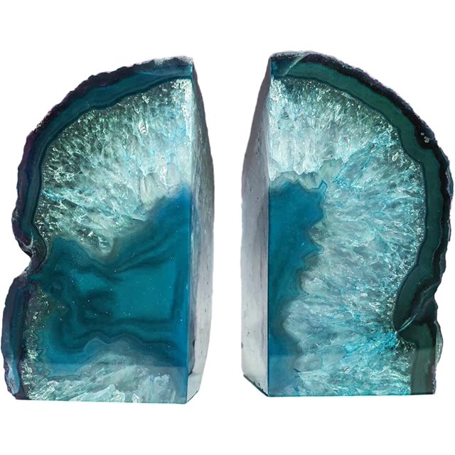 AMOYSTONE Dyed Teal/Aqua Agate Bookends Crystal Stone for Study Room Office Books Rack 4-6 lbs