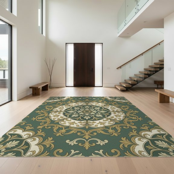 Design&I 8'x10' Washable Area Rug Extra Large Skid-Resistant Low Profile Ornate Scroll Border Dining Table Alfombra Round Vintage Circle Playful for Living Room, Family